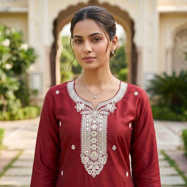 Red Cotton Embroidered Kurti