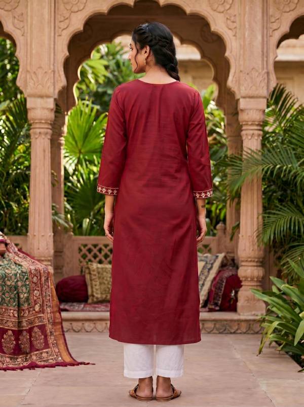 Red Cotton Embroidered Kurti Thumbnail