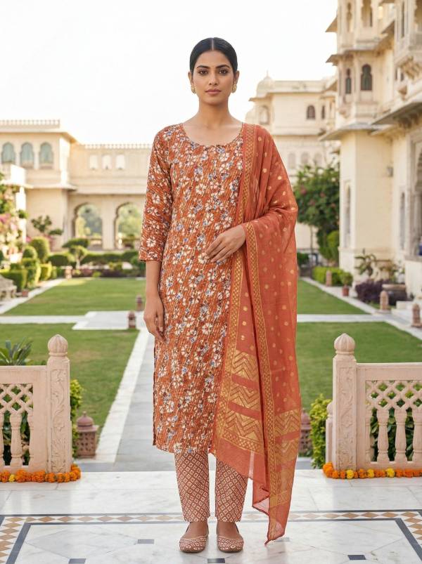 Floral Rust Orange Cotton Kurti Pant Dupatta Set (3-Pc Set)