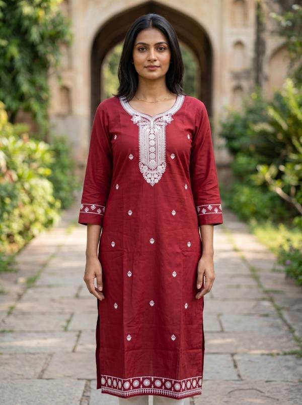 Red Cotton Embroidered Kurti Thumbnail