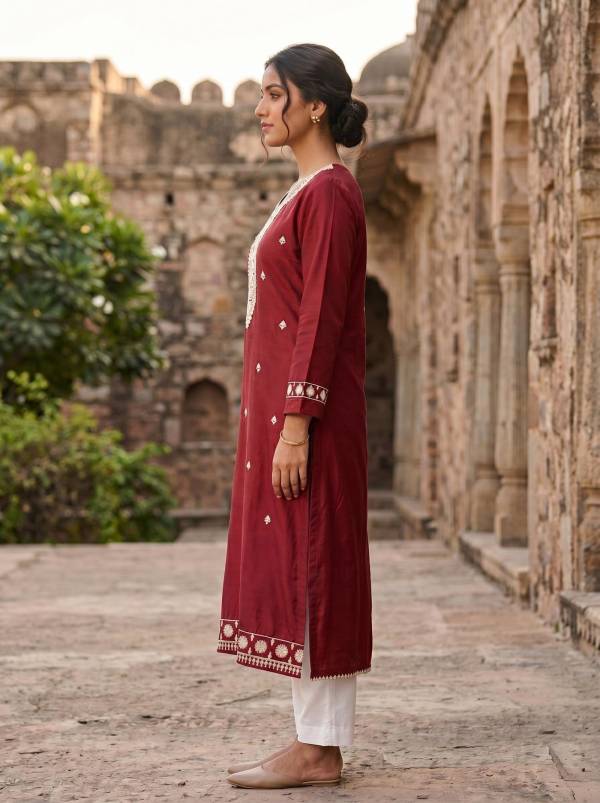 Red Cotton Embroidered Kurti Thumbnail
