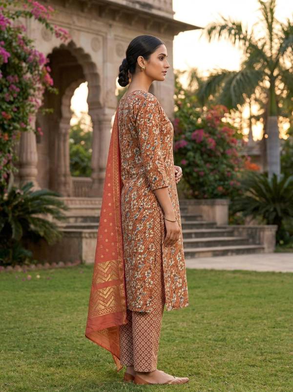 Rust Orange Cotton Printed Kurti Pant Dupatta Set (3-Pc Set) Thumbnail