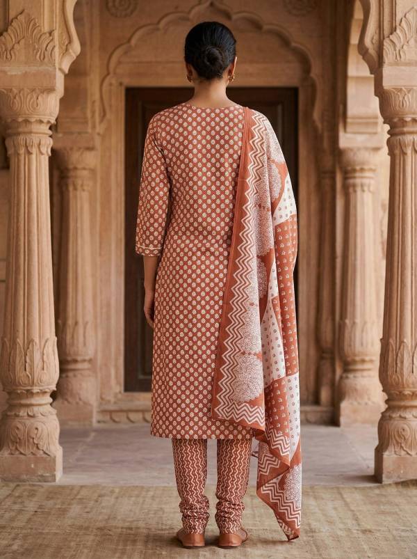 Rust Brown Cotton Printed Kurti Pant Dupatta Set (3-Pc Set) Thumbnail