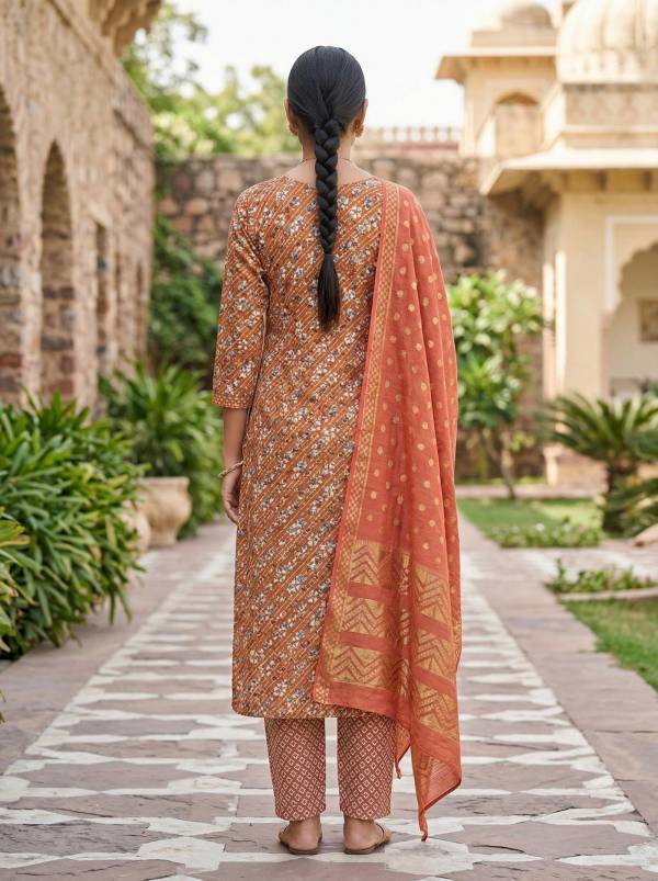 Rust Orange Cotton Printed Kurti Pant Dupatta Set (3-Pc Set) Thumbnail