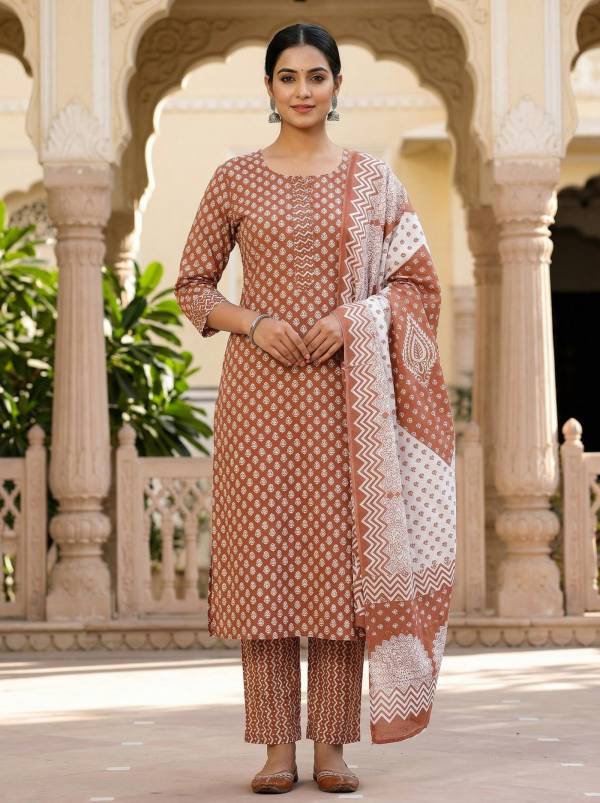 Rust Brown Cotton Printed Kurti Pant Dupatta Set (3-Pc Set) Thumbnail