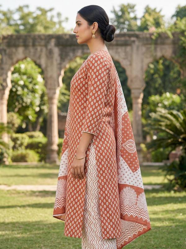 Rust Brown Cotton Printed Kurti Pant Dupatta Set (3-Pc Set)
