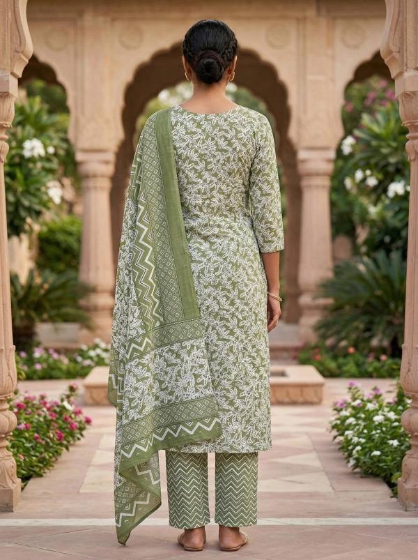 Olive Green Cotton Printed Kurti Pant Dupatta Set (3-Pc Set) Thumbnail