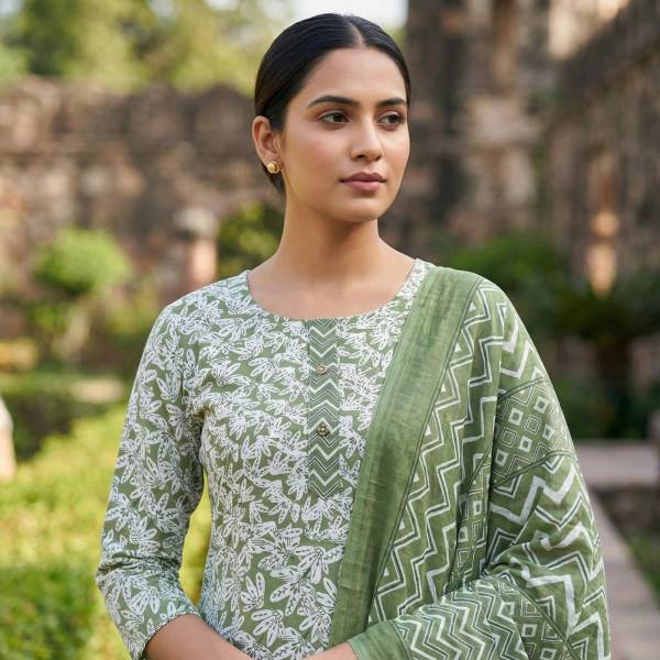Olive Green Cotton Printed Kurti Pant Dupatta Set (3-Pc Set)