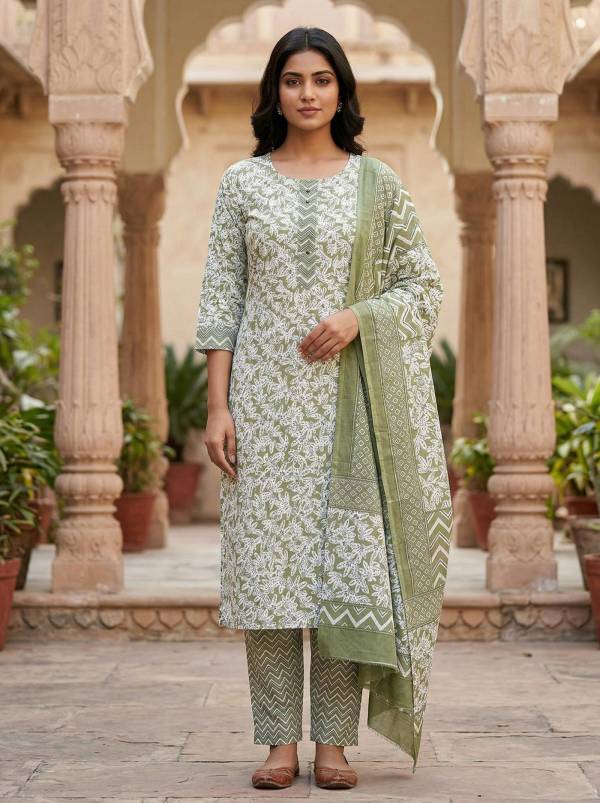 Olive Green Cotton Printed Kurti Pant Dupatta Set (3-Pc Set) Thumbnail