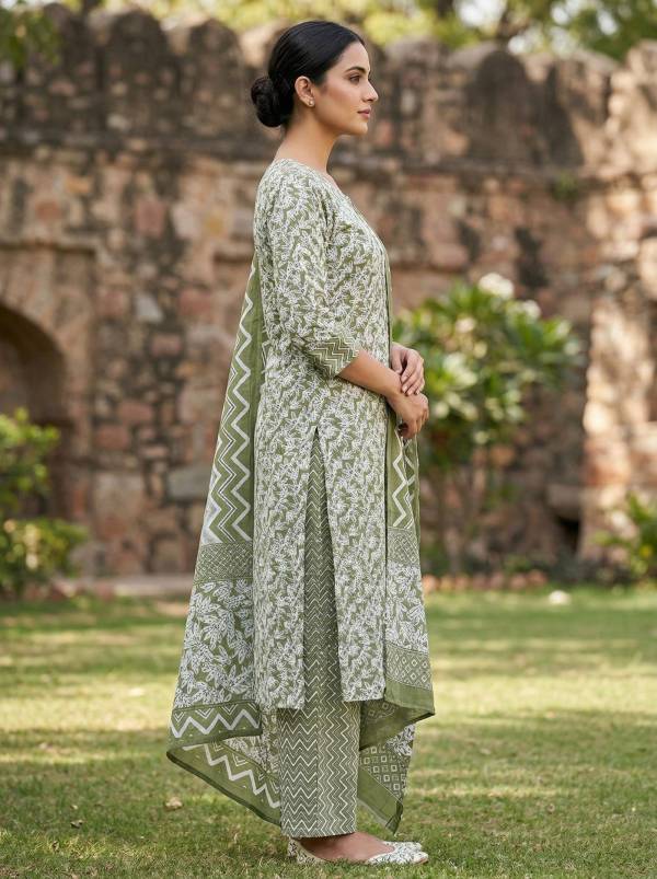 Olive Green Cotton Printed Kurti Pant Dupatta Set (3-Pc Set) Thumbnail