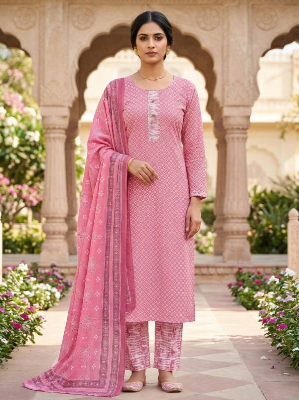 Pink Cotton Printed Kurti Pant Dupatta Set (3-Pc Set)