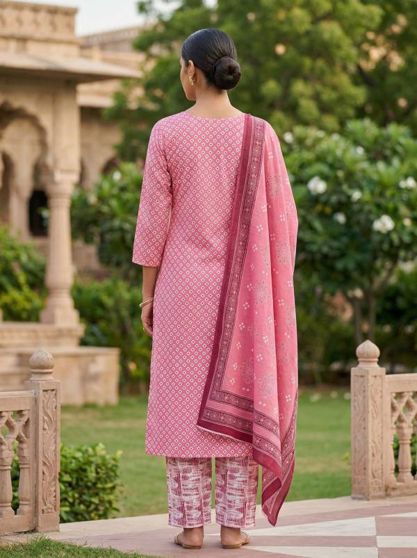 Pink Cotton Printed Kurti Pant Dupatta Set (3-Pc Set) Thumbnail
