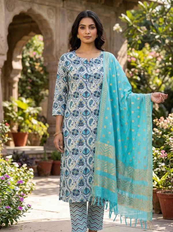 Sky Blue Cotton Printed Kurti Pant Dupatta Set (3-Pc Set)