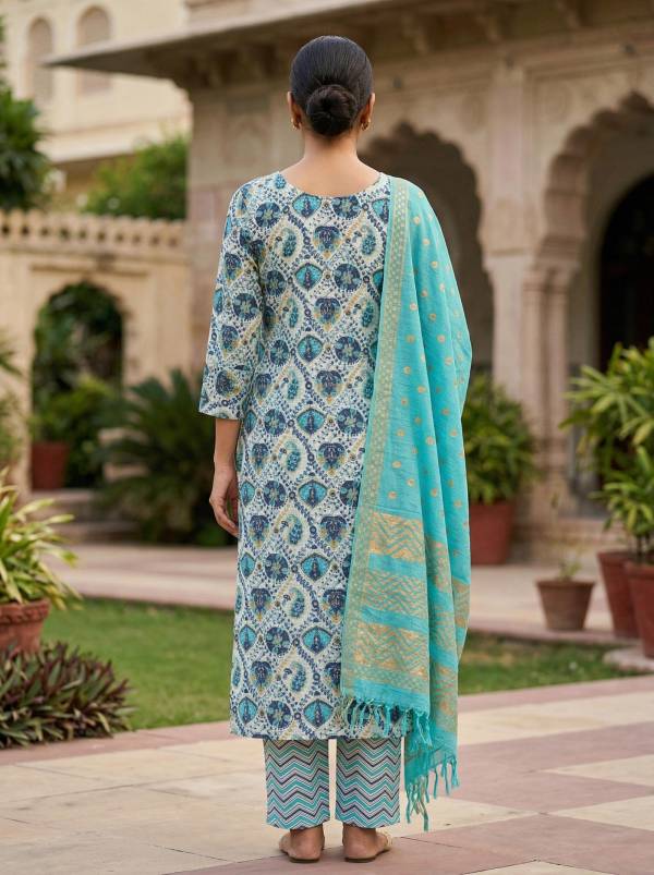 Sky Blue Cotton Printed Kurti Pant Dupatta Set (3-Pc Set) Thumbnail