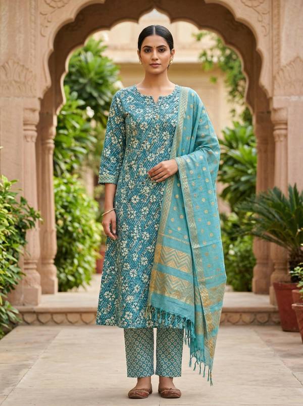 Teal Blue Cotton Printed Kurti Pant Dupatta Set (3-Pc Set)