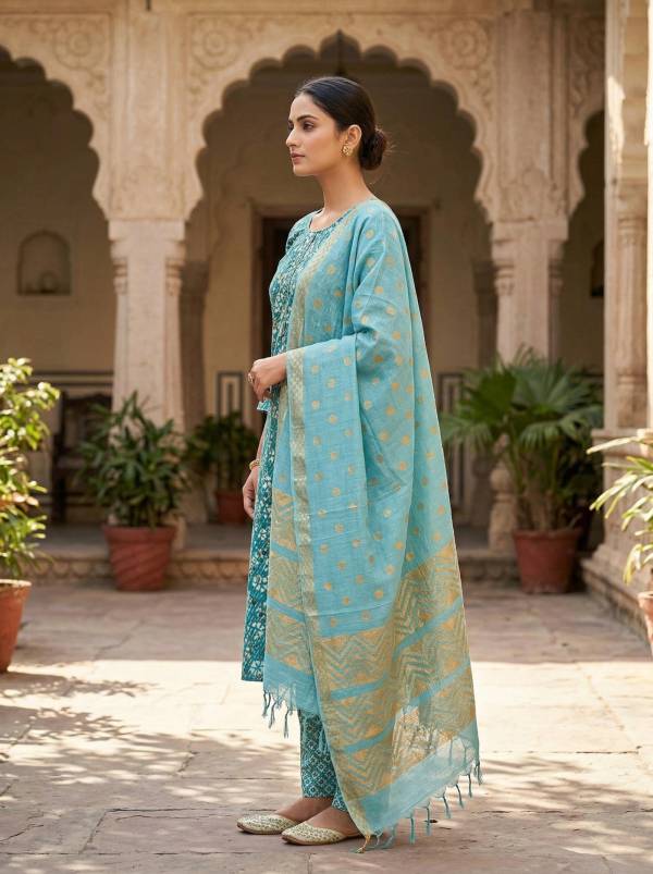 Teal Blue Cotton Printed Kurti Pant Dupatta Set (3-Pc Set) Thumbnail