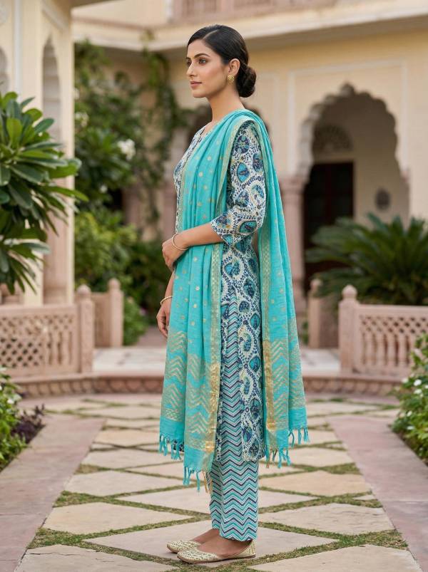Sky Blue Cotton Printed Kurti Pant Dupatta Set (3-Pc Set) Thumbnail