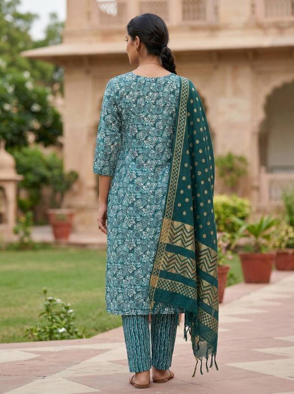 Teal Green Cotton Printed Kurti Pant Dupatta Set (3-Pc Set) Thumbnail