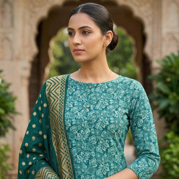 Teal Green Cotton Printed Kurti Pant Dupatta Set (3-Pc Set) Thumbnail