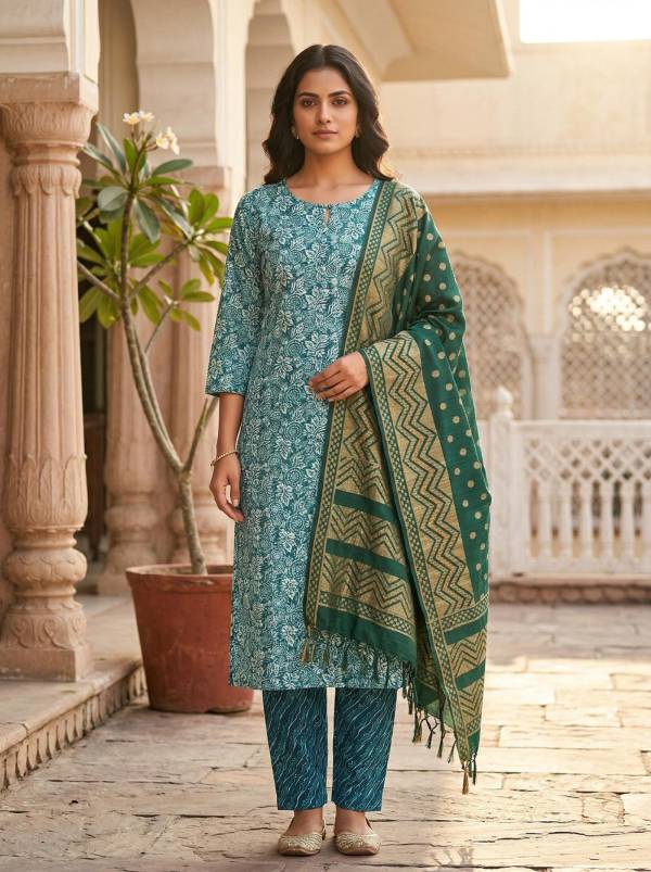 Teal Green Cotton Printed Kurti Pant Dupatta Set (3-Pc Set)