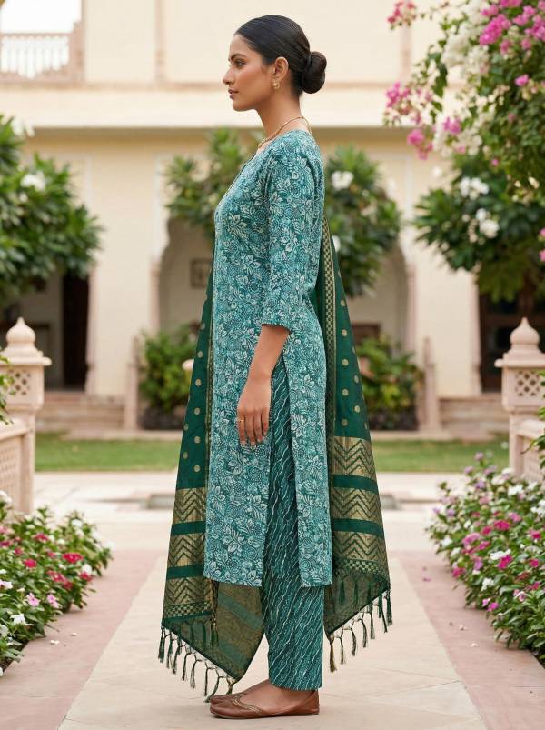 Teal Green Cotton Printed Kurti Pant Dupatta Set (3-Pc Set) Thumbnail