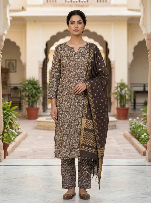 Brown Cotton Printed Kurti Pant Dupatta Set (3-Pc Set)