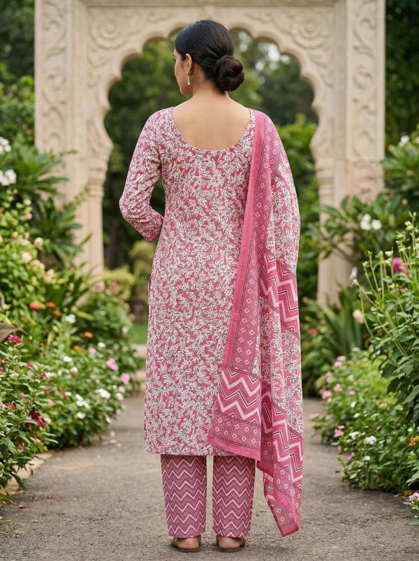 Dusty Pink Cotton Printed Kurti Pant Dupatta Set (3-Pc Set) Thumbnail