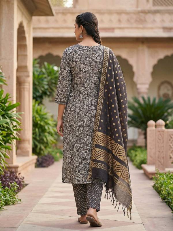 Brown Cotton Printed Kurti Pant Dupatta Set (3-Pc Set) Thumbnail