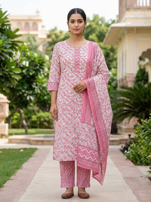 Dusty Pink Cotton Printed Kurti Pant Dupatta Set (3-Pc Set)