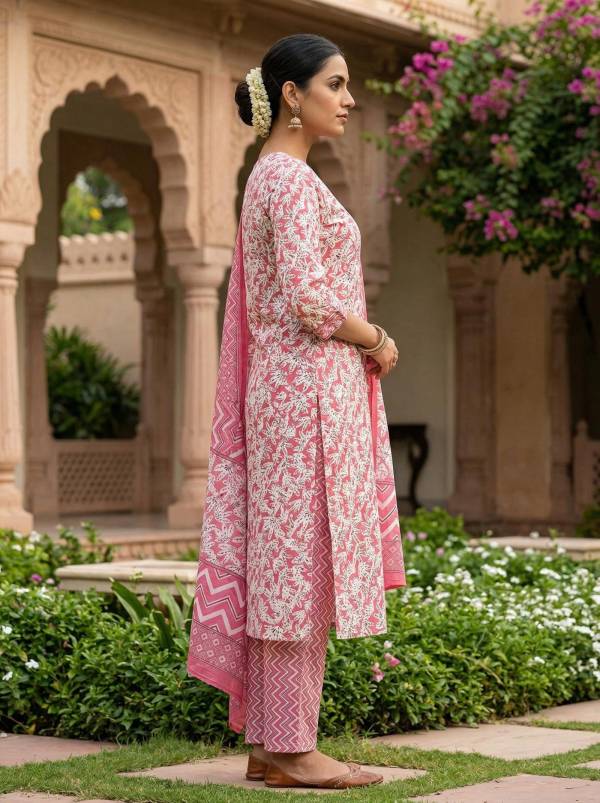 Dusty Pink Cotton Printed Kurti Pant Dupatta Set (3-Pc Set) Thumbnail