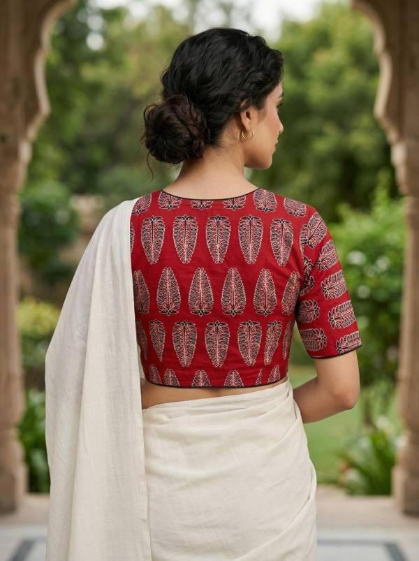 Red Ajrakh Printed Half Sleeve Blouse