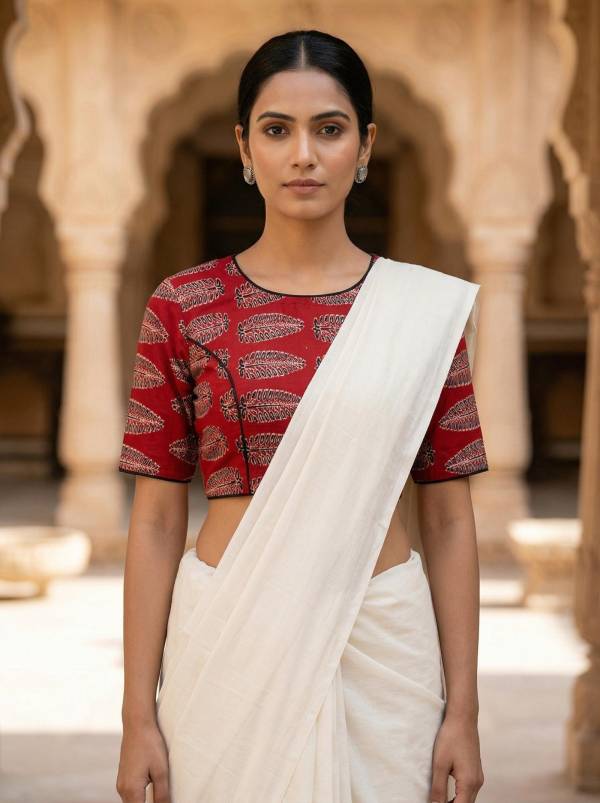 Red Ajrakh Printed Half Sleeve Blouse Thumbnail