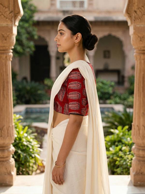 Red Ajrakh Printed Half Sleeve Blouse Thumbnail