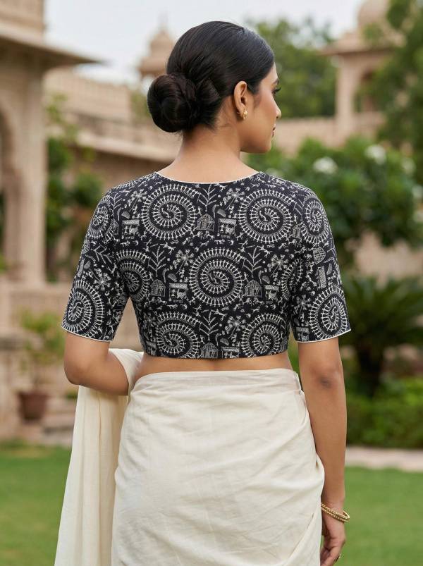 Black Madhubani Printed Cotton Blouse Half Sleeve