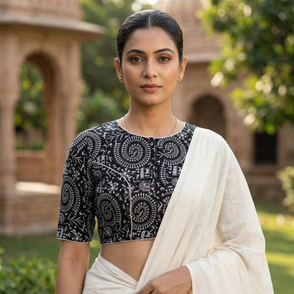 Black Madhubani Printed Cotton Blouse Half Sleeve Thumbnail