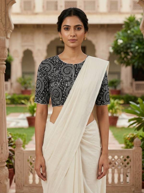 Black Madhubani Printed Cotton Blouse Half Sleeve Thumbnail