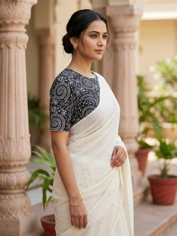 Black Madhubani Printed Cotton Blouse Half Sleeve Thumbnail