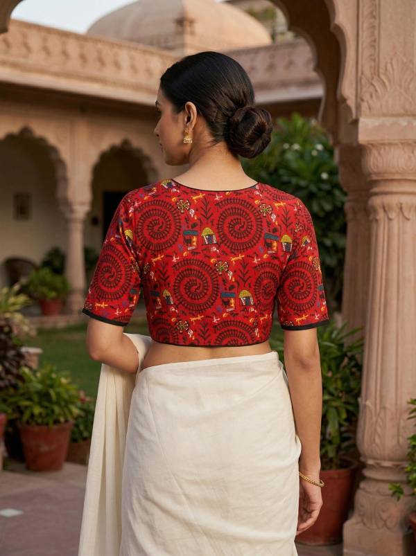 Red Ajrakh Leaf Printed Cotton Blouse Half Sleeve