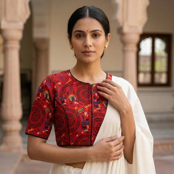 Red Ajrakh Leaf Printed Cotton Blouse Half Sleeve Thumbnail