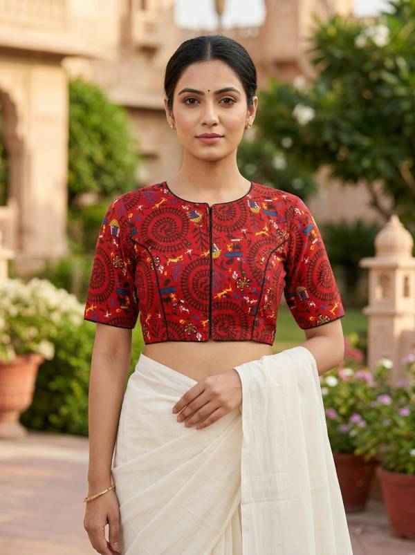 Red Ajrakh Leaf Printed Cotton Blouse Half Sleeve Thumbnail