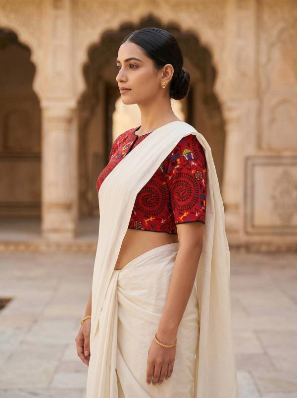 Red Ajrakh Leaf Printed Cotton Blouse Half Sleeve Thumbnail