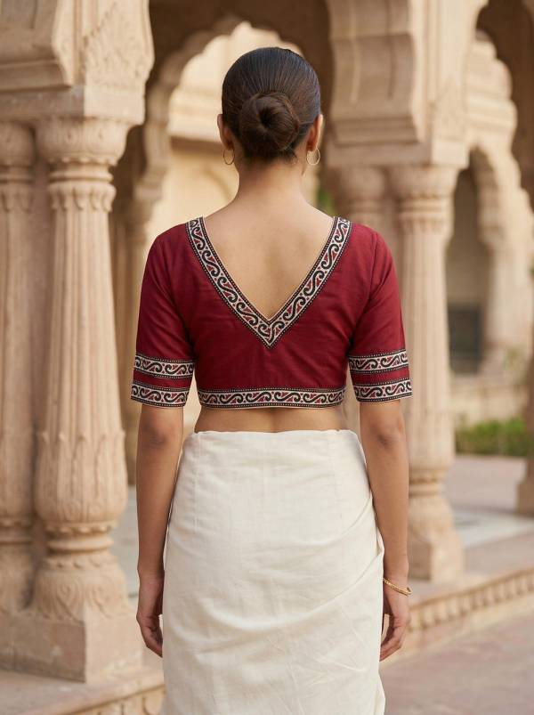 Maroon & Green Designer V-Neck Blouses: Elegant Back Cuts for Silk & Festive Sarees