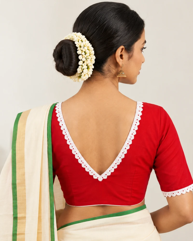 Vermilion Red Heritage Tie-Up Craft Saree Blouse Thumbnail