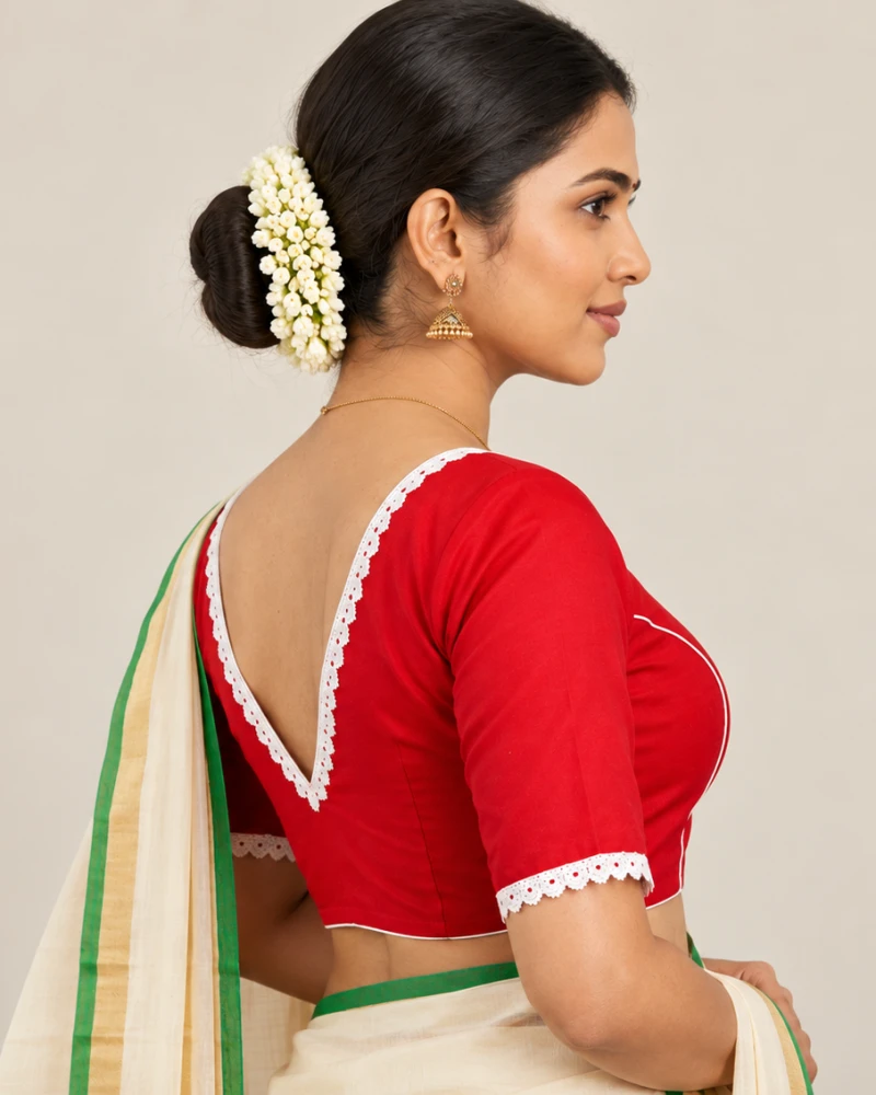 Vermilion Red Heritage Tie-Up Craft Saree Blouse Thumbnail